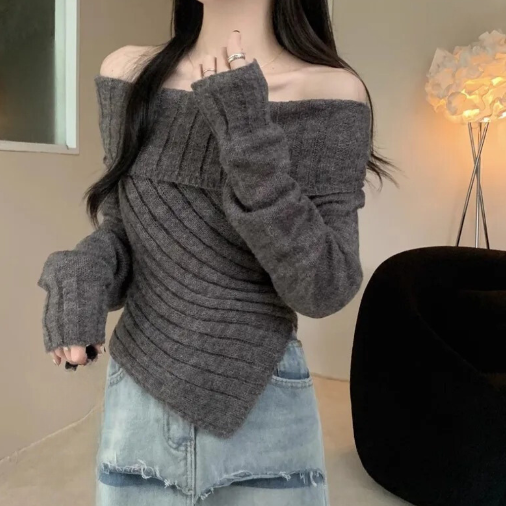Dames Off-Shoulder Gebreide Trui met Asymmetrische Zoom Elegante en Comfortabele Musthave voor Herfst en Winter