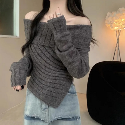 Dames Off-Shoulder Gebreide Trui met Asymmetrische Zoom Elegante en Comfortabele Musthave voor Herfst en Winter
