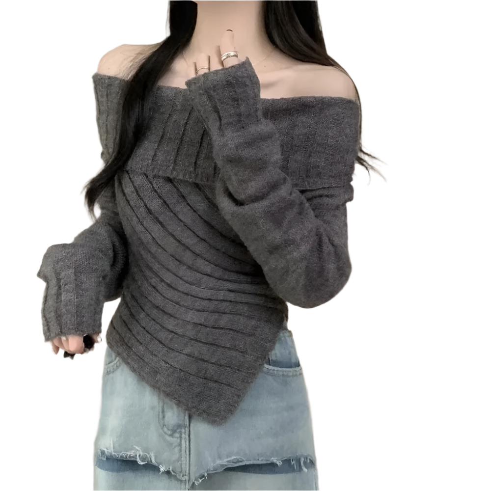 Dames Off-Shoulder Gebreide Trui met Asymmetrische Zoom Elegante en Comfortabele Musthave voor Herfst en Winter