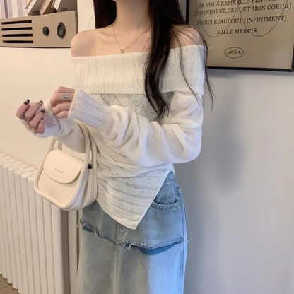 Dames Off-Shoulder Gebreide Trui met Asymmetrische Zoom Elegante en Comfortabele Musthave voor Herfst en Winter