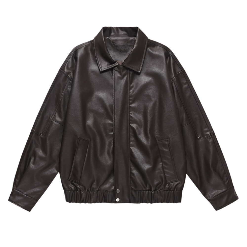 Heren PU Leren Bomberjack met Drukknoopsluiting Casual Oversized Jas met Elastische Zoom en Tijdloze Look