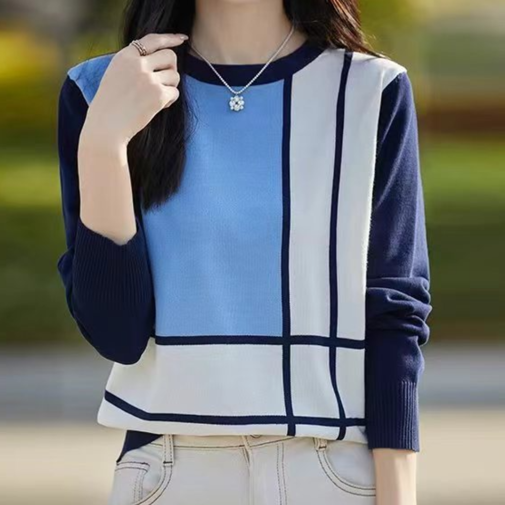 Dames Gebreide Trui met Grafisch Ruitpatroon Comfortabele Casual Top met Moderne Uitstraling