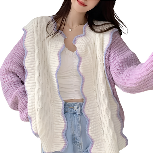 Dames Gebreid Vest met Golvende Boorden en Kleuraccenten Vrolijk en Comfortabel voor Elke Dag