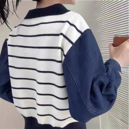 Dames gestreepte trui met kraag en kettingdetail casual chic voor elk seizoen