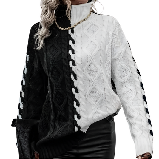 Dames Gebreide Trui met Opvallend Contrasterend Kabelpatroon Hoge Kraag en Zachte Textuur voor een Unieke Look