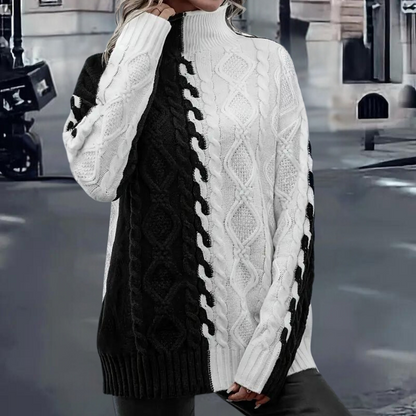 Dames Gebreide Trui met Opvallend Contrasterend Kabelpatroon Hoge Kraag en Zachte Textuur voor een Unieke Look