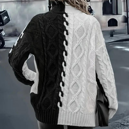 Dames Gebreide Trui met Opvallend Contrasterend Kabelpatroon Hoge Kraag en Zachte Textuur voor een Unieke Look