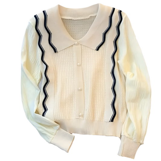 Marioria – Fijngebreide Cardigan met Vintage Kraag en Golvend Detail