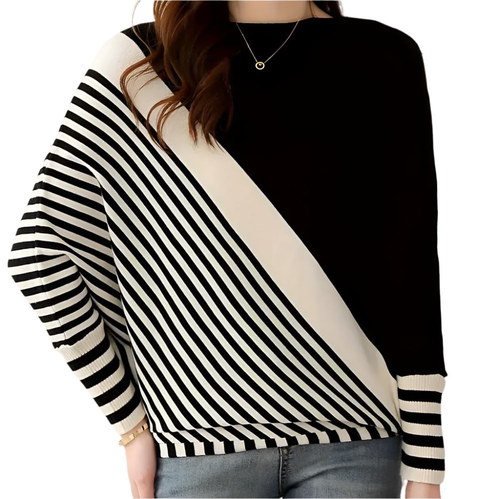 Dames Comfortabele Gebreide Pullover met Diagonaal Streeppatroon en Ronde Hals Losvallend Model voor Elke Dag
