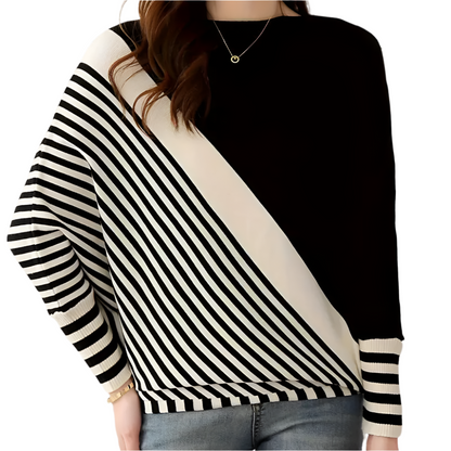 Dames Comfortabele Gebreide Pullover met Diagonaal Streeppatroon en Ronde Hals Losvallend Model voor Elke Dag