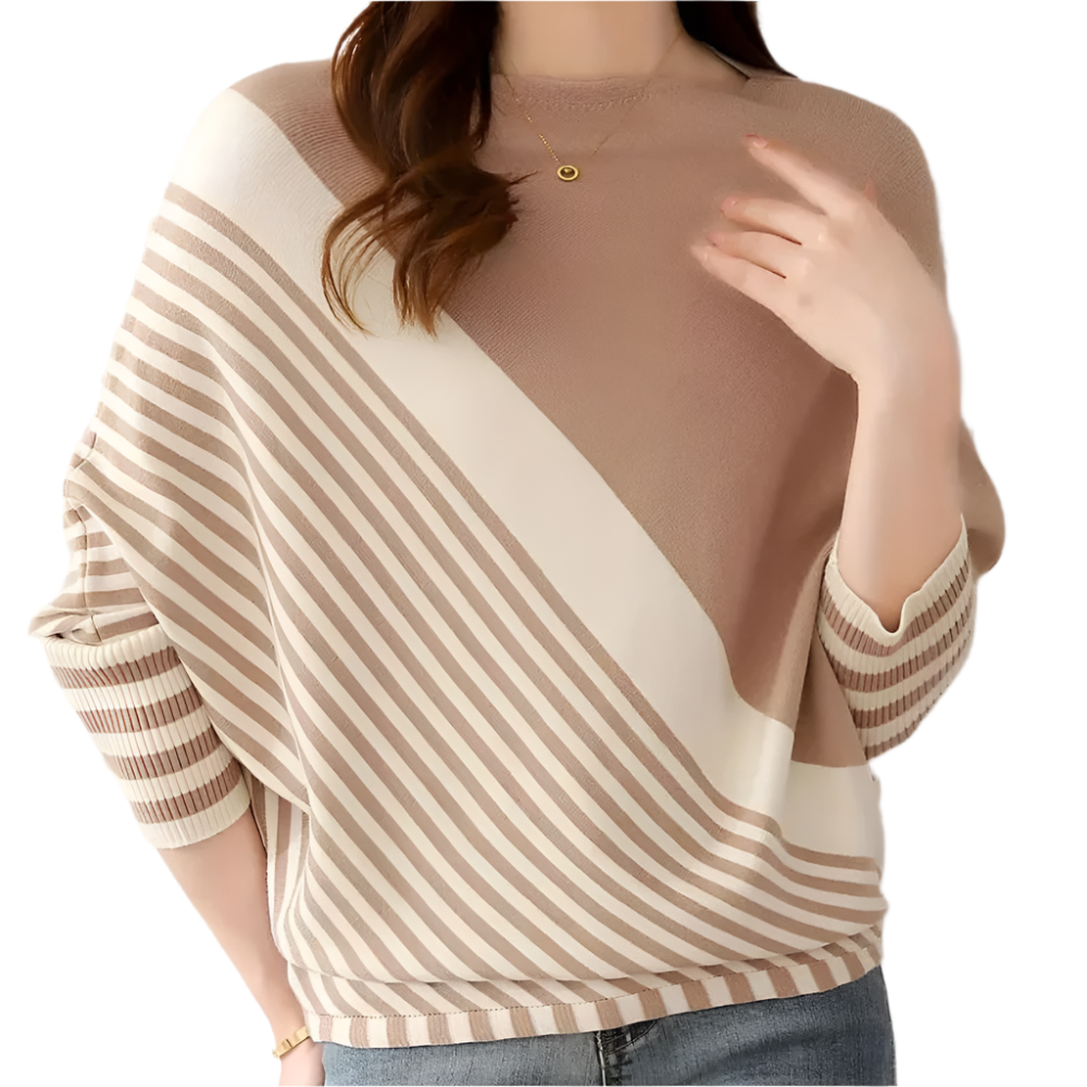 Dames Comfortabele Gebreide Pullover met Diagonaal Streeppatroon en Ronde Hals Losvallend Model voor Elke Dag