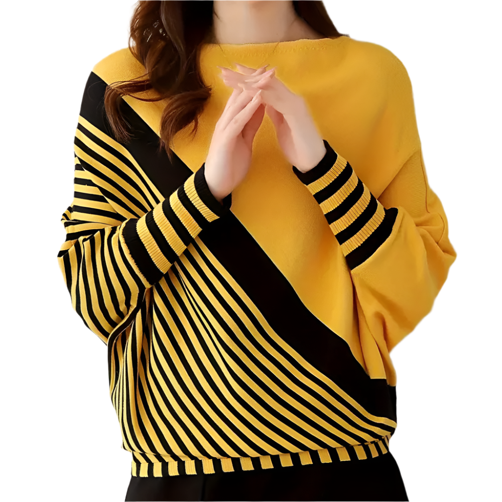 Dames Comfortabele Gebreide Pullover met Diagonaal Streeppatroon en Ronde Hals Losvallend Model voor Elke Dag