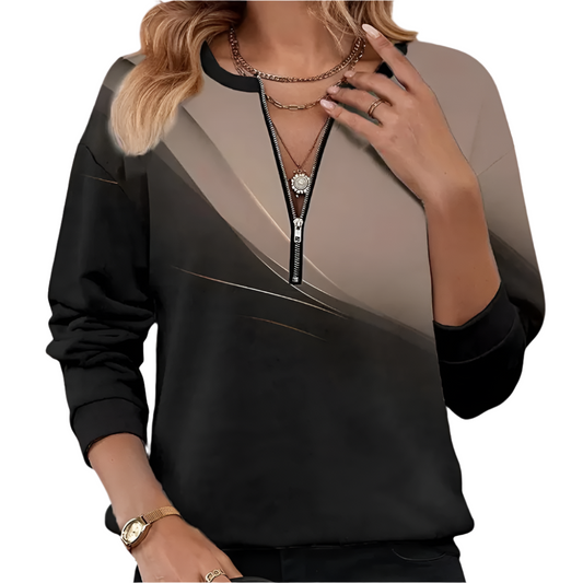Dames Casual Sweater met Ritssluiting en Grafische Print Comfortabele Trui met Moderne Halslijn en Stijlvol Design
