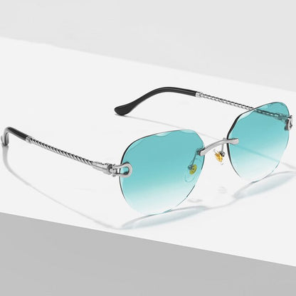 Unisex Zonnebril met Gekleurde Glazen en Goudkleurig Montuur UV400 Bescherming en Luxe Randloos Design