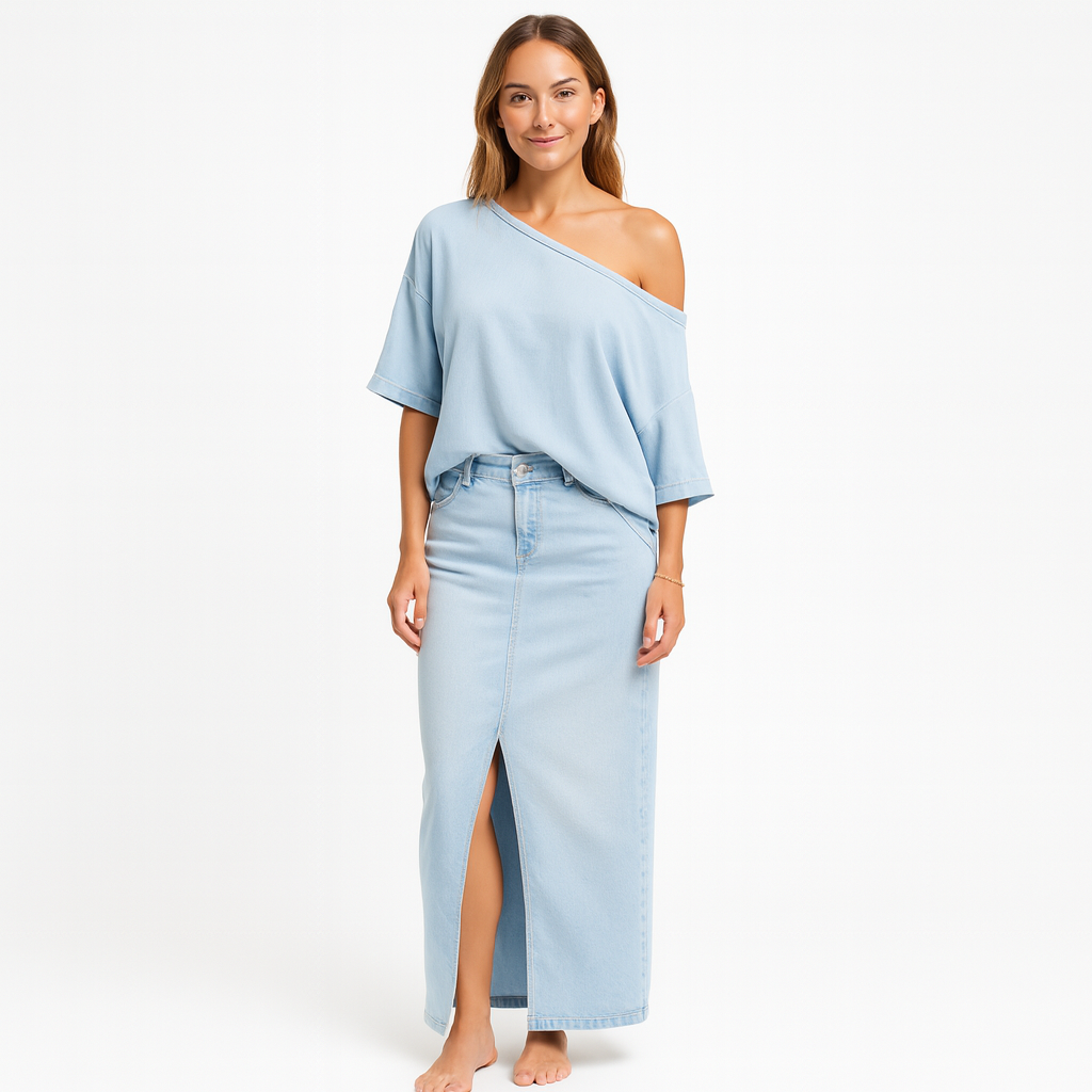 Dames set met off-shoulder top en lange splitrok in lichtblauw denimlook