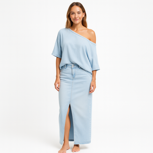 Dames set met off-shoulder top en lange splitrok in lichtblauw denimlook