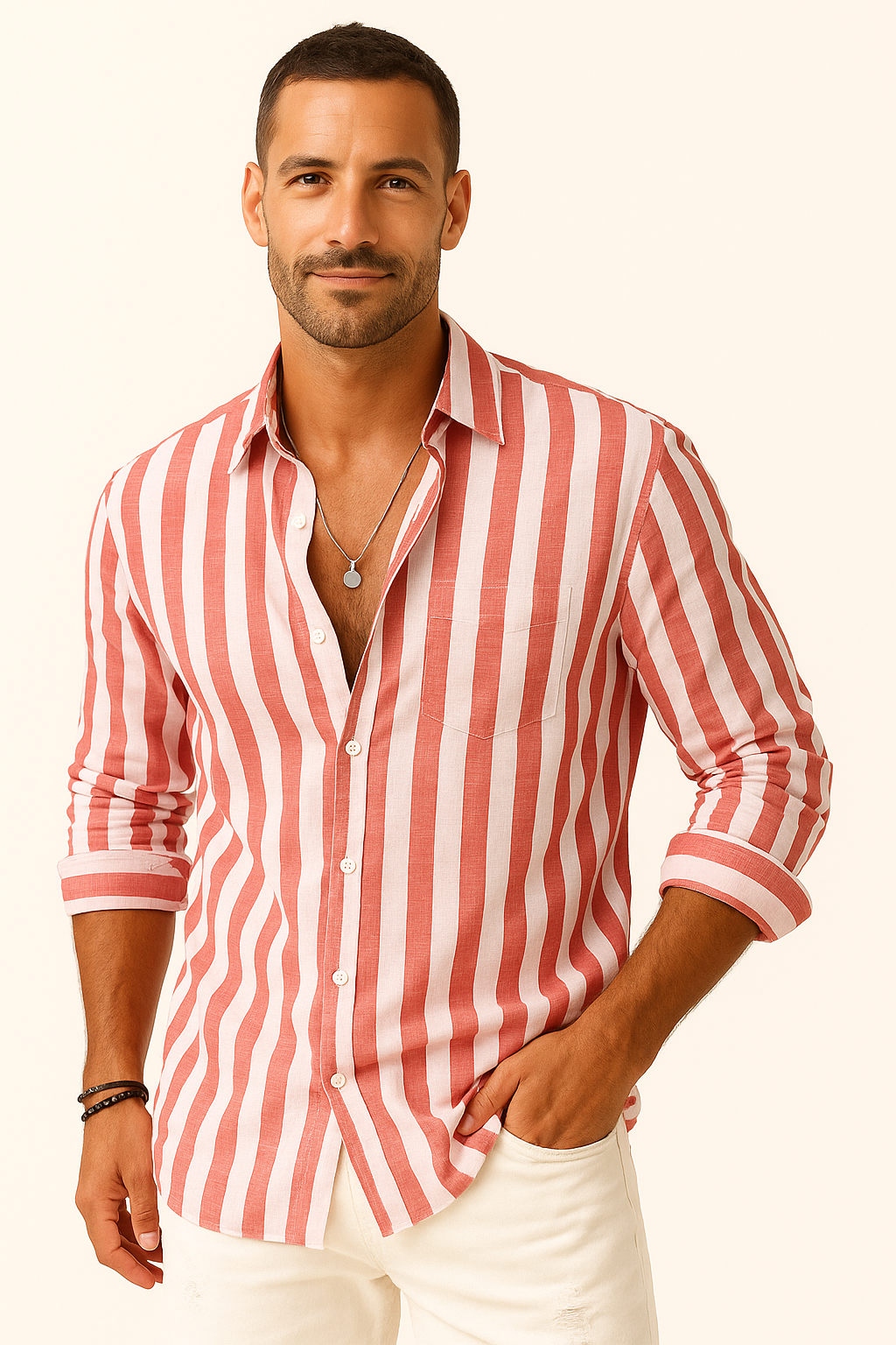 Heren linnen blouse met strepen luchtig zomer overhemd voor bruiloft of vakantie