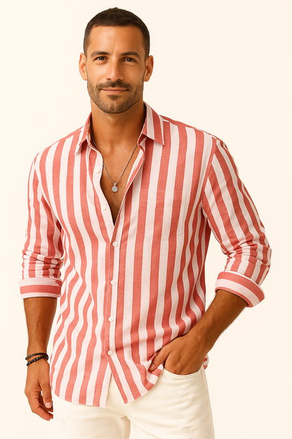 Heren linnen blouse met strepen luchtig zomer overhemd voor bruiloft of vakantie