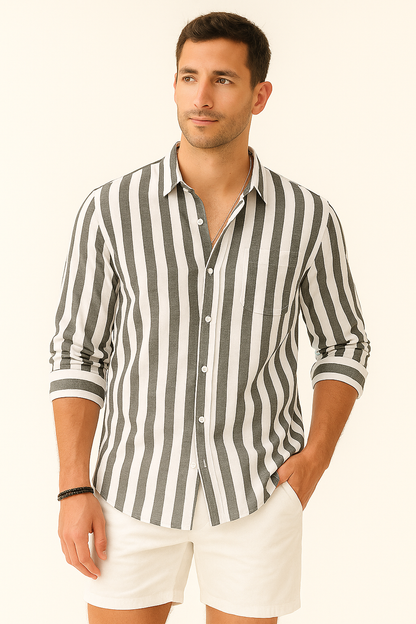 Heren linnen blouse met strepen luchtig zomer overhemd voor bruiloft of vakantie