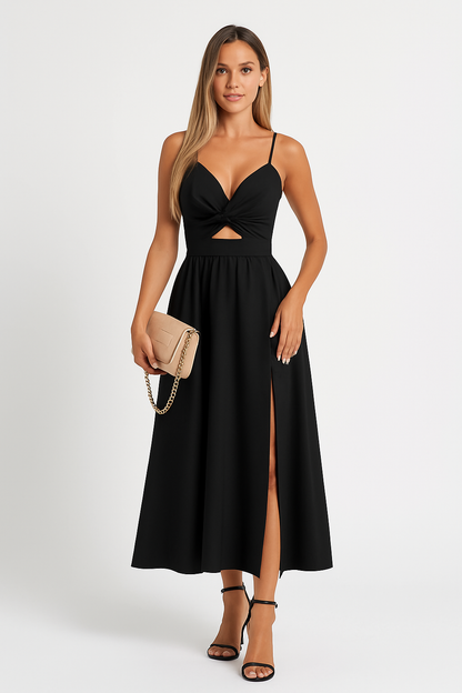 Dames zomerjurk met spaghettibandjes en hoge split luchtige midi jurk met cut-out detail in diverse kleuren, perfect voor feest of vakantie