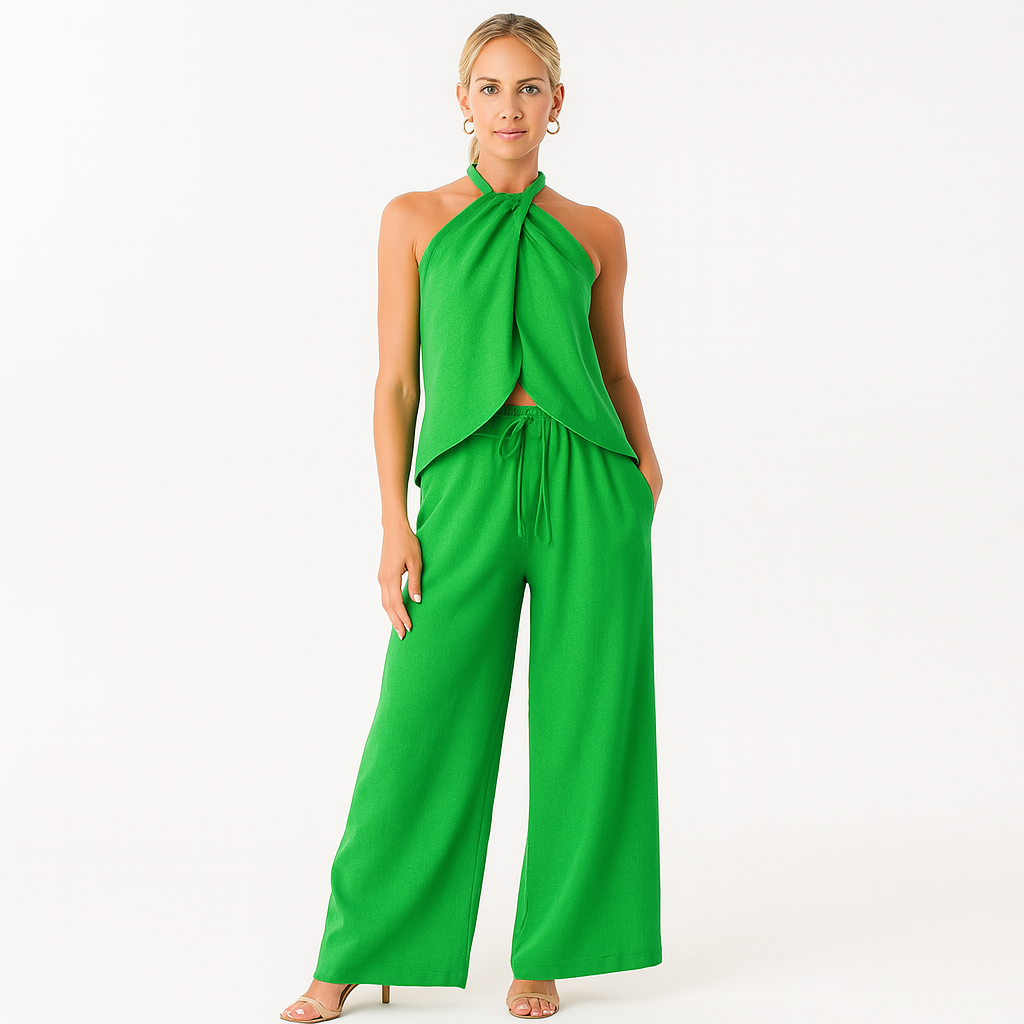 Dames zomer set met wijde broek en haltertop in diverse kleuren – luchtig, chique en perfect voor vakantie of een zonnige dag uit