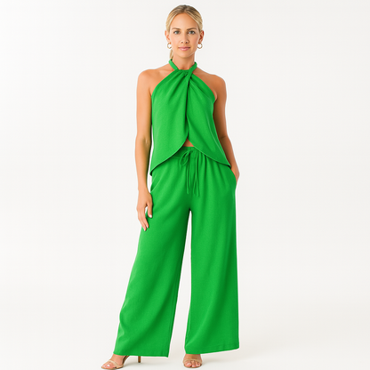 Dames zomer set met wijde broek en haltertop in diverse kleuren – luchtig, chique en perfect voor vakantie of een zonnige dag uit