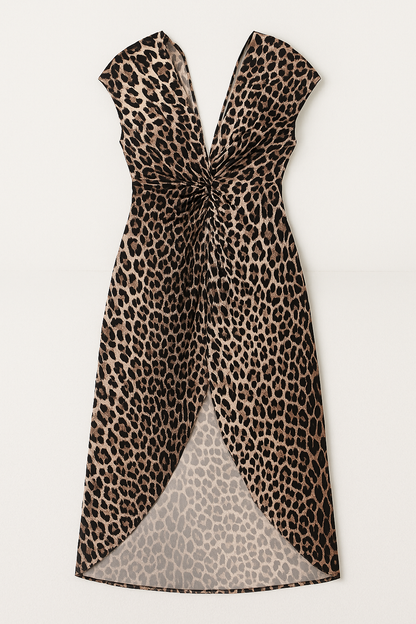 Dames midi-jurk met leopardprint en diepe V-hals in diverse kleuren – flatterend, vrouwelijk en ideaal voor avondjes uit of een zomerse gelegenheid