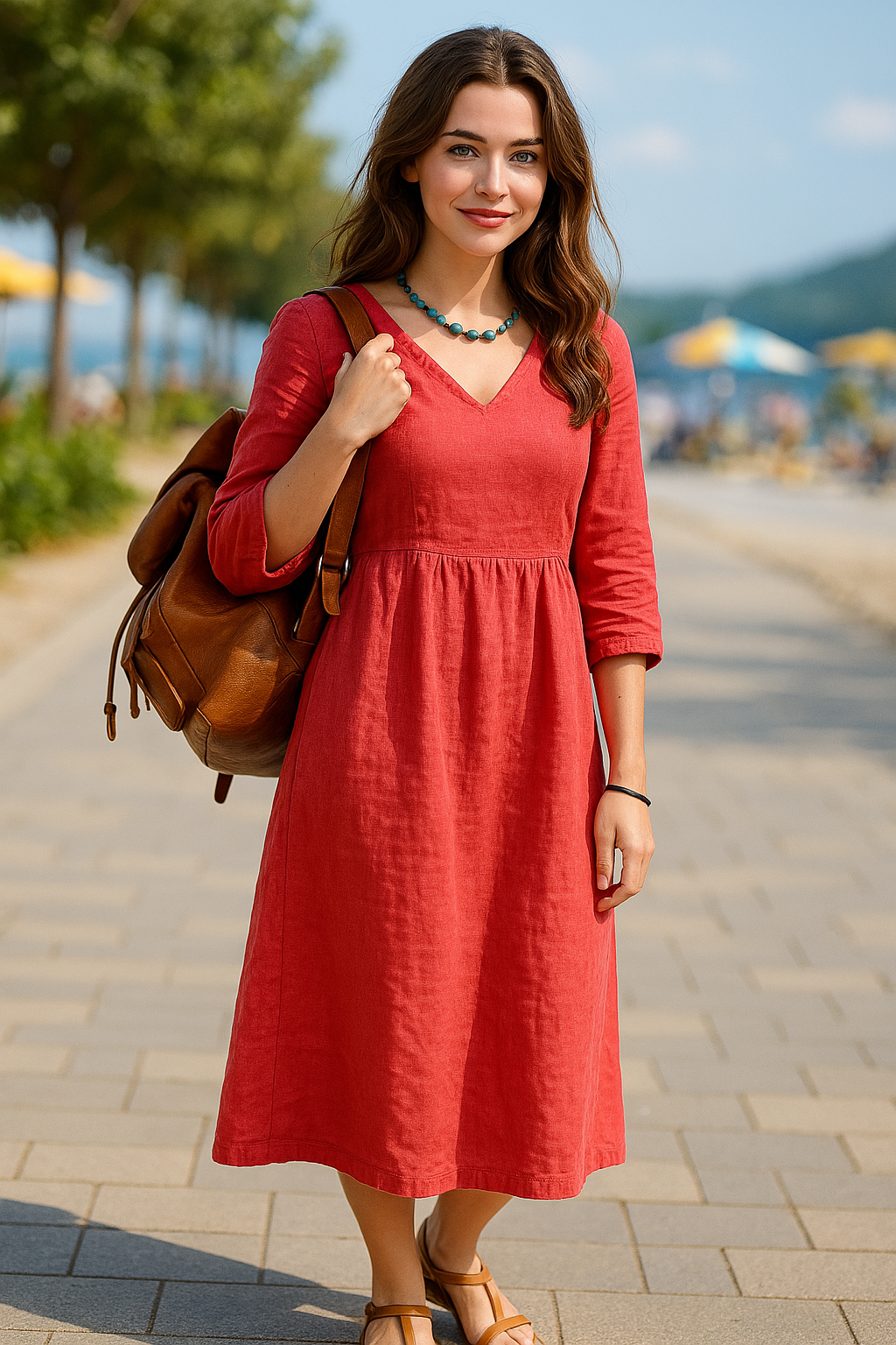 Dames midi zomerjurk van linnenmix met 3/4 mouw – verkrijgbaar in diverse kleuren
