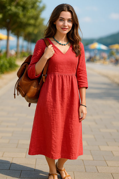 Dames midi zomerjurk van linnenmix met 3/4 mouw – verkrijgbaar in diverse kleuren