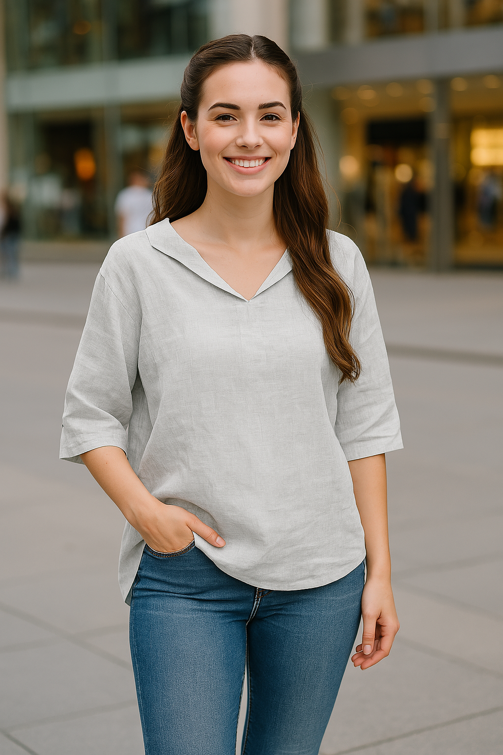 Dames linnen blouse met V-hals en 3/4 mouw – verkrijgbaar in meerdere kleuren
