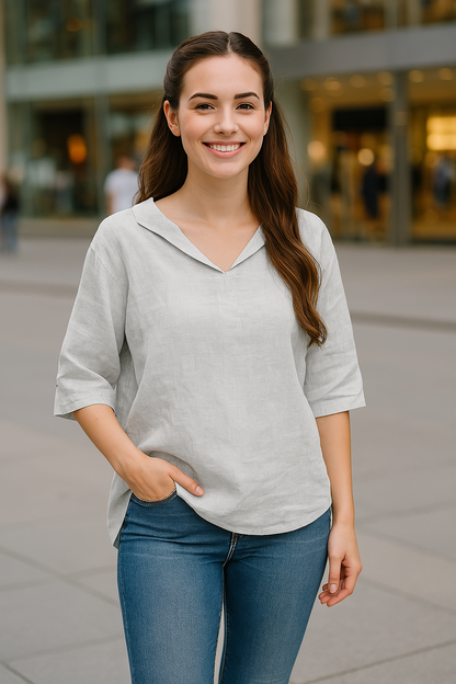 Dames linnen blouse met V-hals en 3/4 mouw – verkrijgbaar in meerdere kleuren