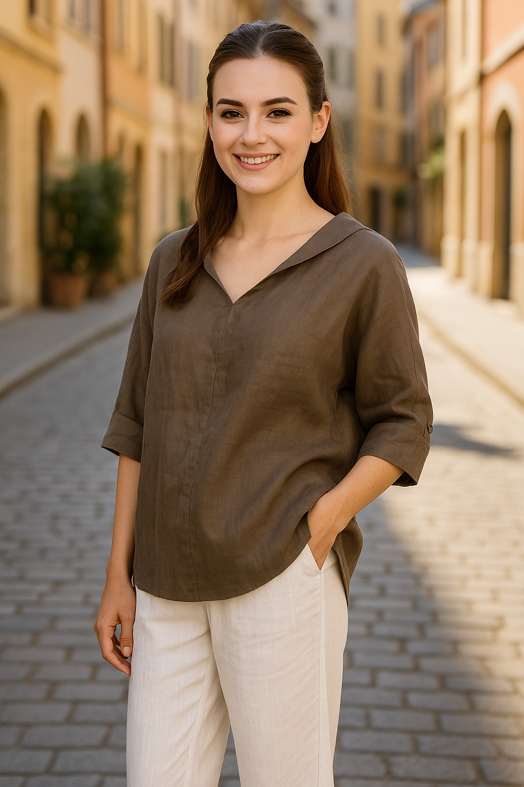 Dames linnen blouse met V-hals en 3/4 mouw – verkrijgbaar in meerdere kleuren
