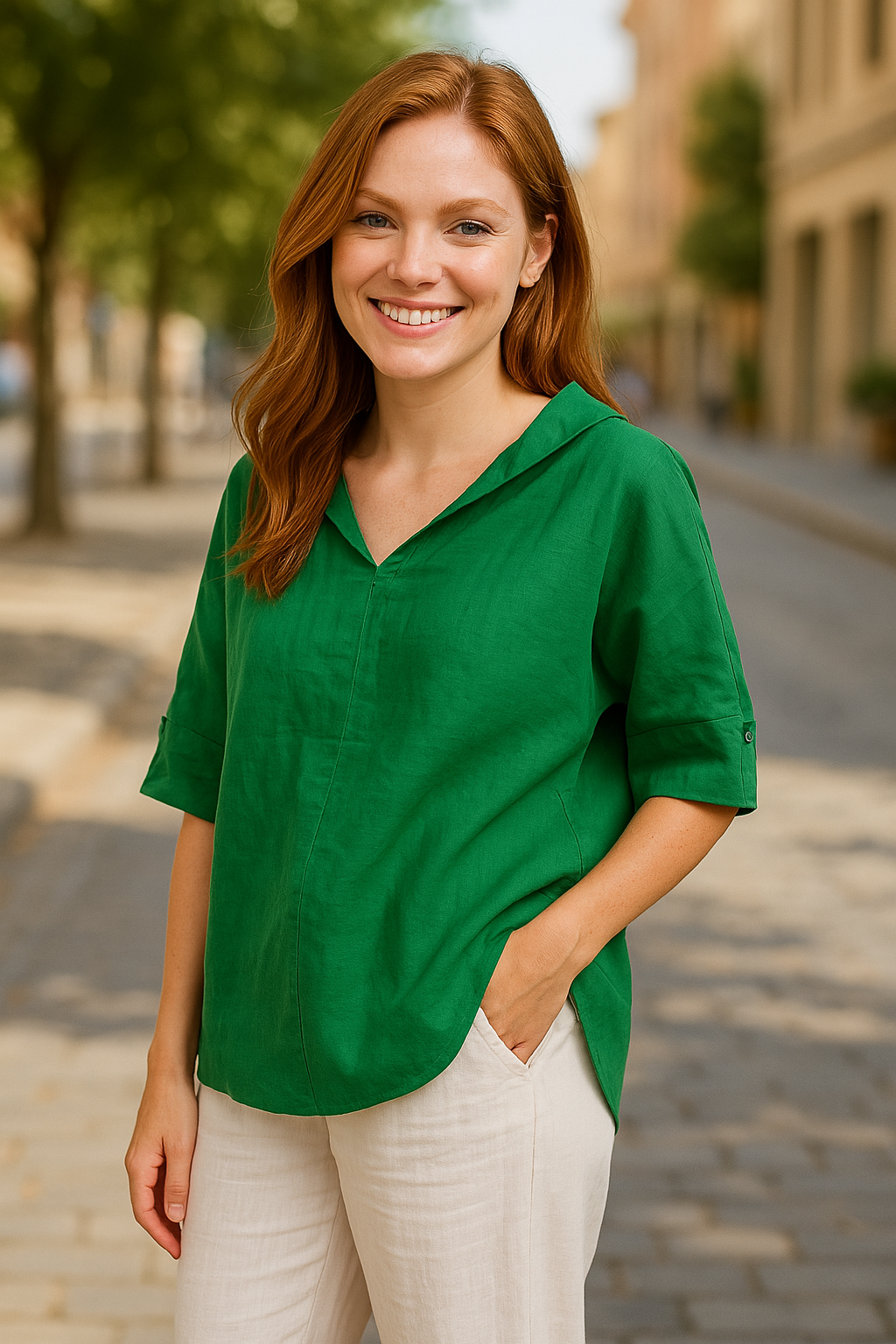 Dames linnen blouse met V-hals en 3/4 mouw – verkrijgbaar in meerdere kleuren