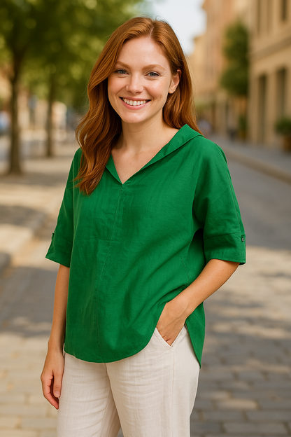 Dames linnen blouse met V-hals en 3/4 mouw – verkrijgbaar in meerdere kleuren