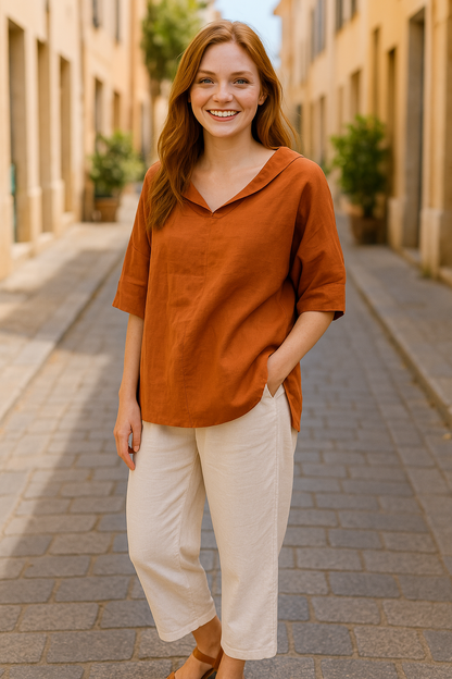 Dames linnen blouse met V-hals en 3/4 mouw – verkrijgbaar in meerdere kleuren
