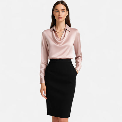 Dames blouse in diverse kleuren – satijnen blouse met watervalhals en lange mouwen