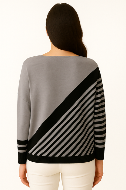 Dames Comfortabele Gebreide Pullover met Diagonaal Streeppatroon en Ronde Hals Losvallend Model voor Elke Dag