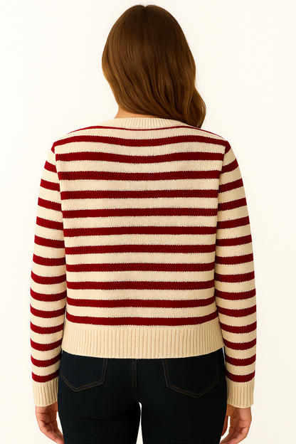 Dames Gestreept Gebreid Vest met Ronde Hals en Goudkleurige Knopen Klassiek Model met Moderne Twist