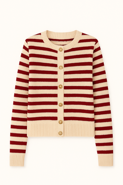 Dames Gestreept Gebreid Vest met Ronde Hals en Goudkleurige Knopen Klassiek Model met Moderne Twist
