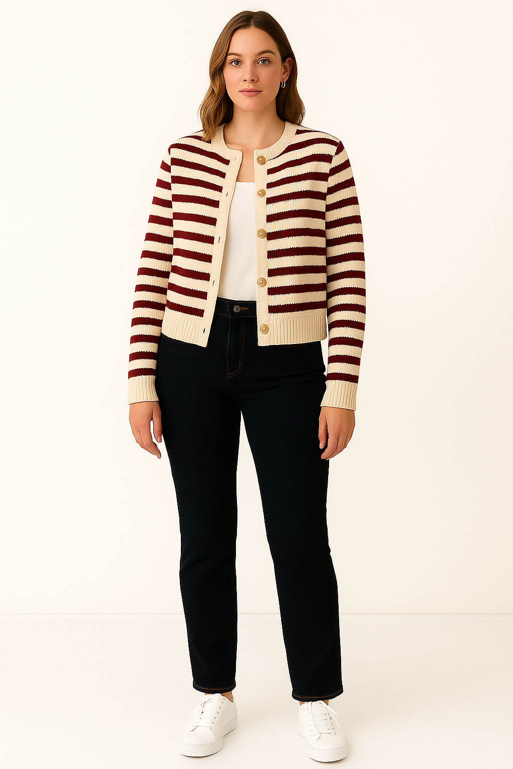 Dames Gestreept Gebreid Vest met Ronde Hals en Goudkleurige Knopen Klassiek Model met Moderne Twist
