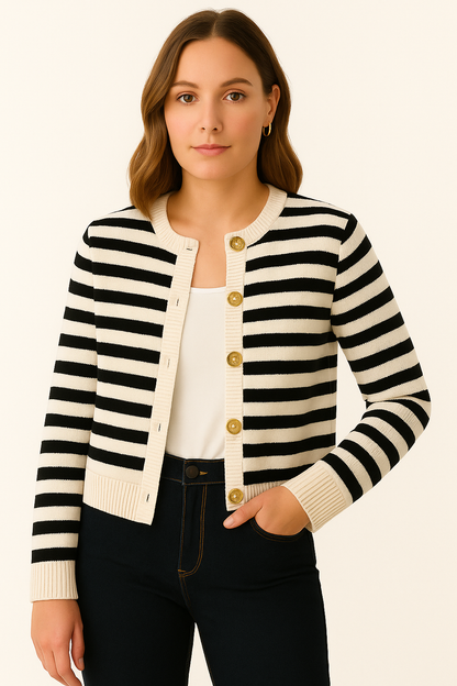 Dames Gestreept Gebreid Vest met Ronde Hals en Goudkleurige Knopen Klassiek Model met Moderne Twist