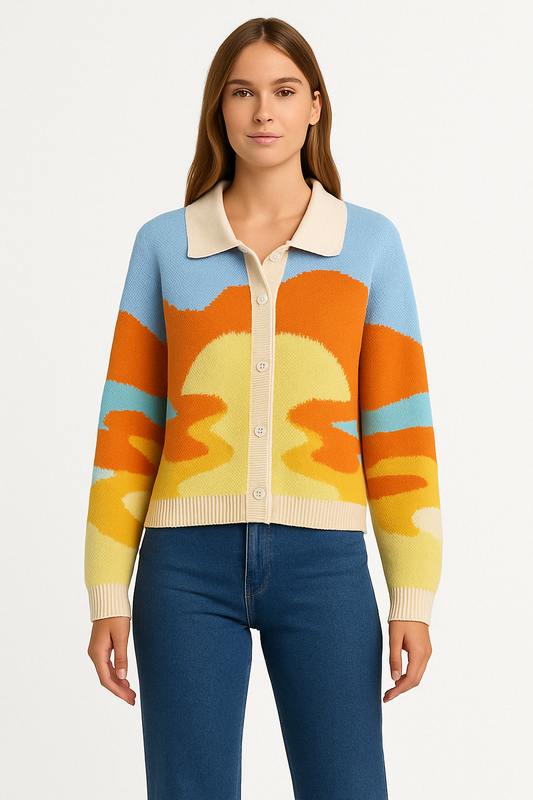 Dames Gebreid Vest met Zonsondergangprint en Kraag Comfortabel en Opvallend Voor Elke Dag