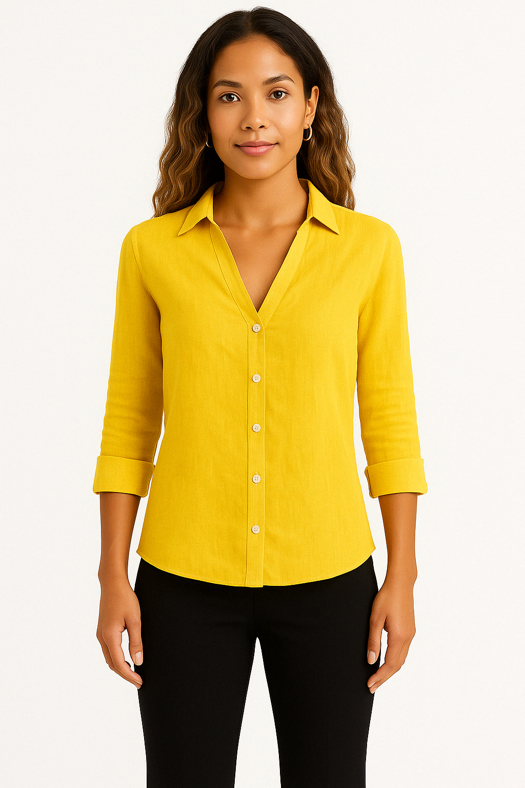 Dames Blouse van Linnenmix – Knoopsluiting & 3/4 Mouwen met Strikdetail