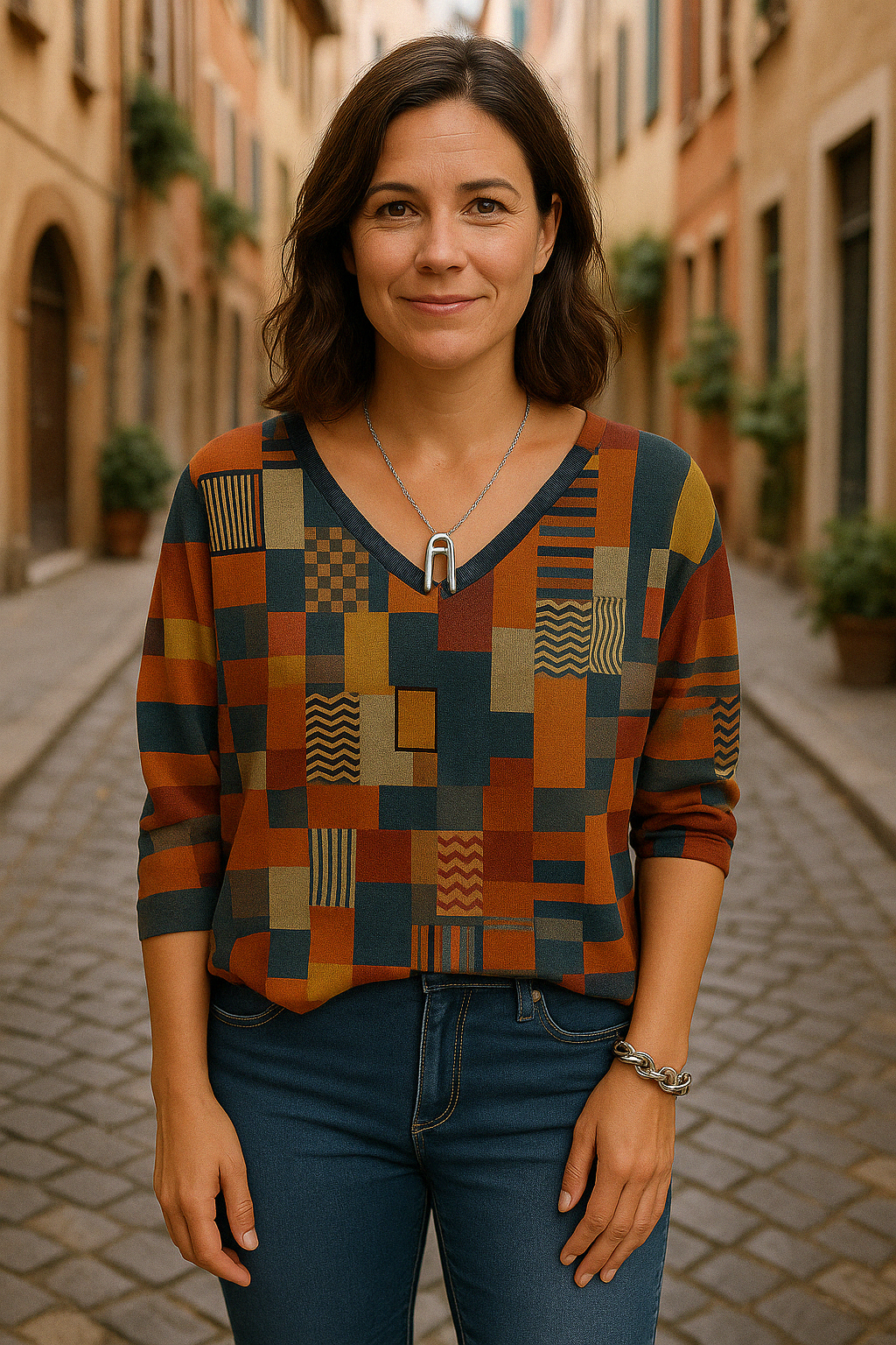 Dames Top met V-Hals en Patchworkprint – 3/4 Mouwen, Losse Fit
