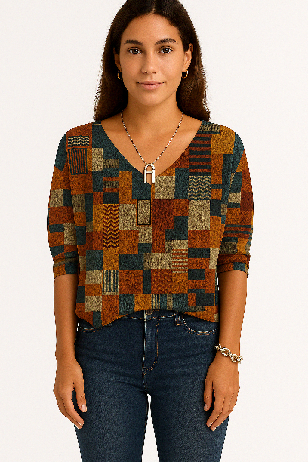 Dames Top met V-Hals en Patchworkprint – 3/4 Mouwen, Losse Fit