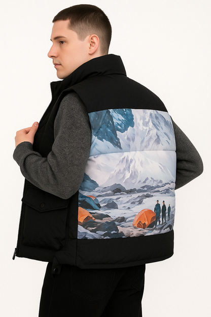 Heren Gewatteerd Bodywarmer met Bergprint Achterzijde Lichtgewicht Outdoor Gilet met Hoge Kraag