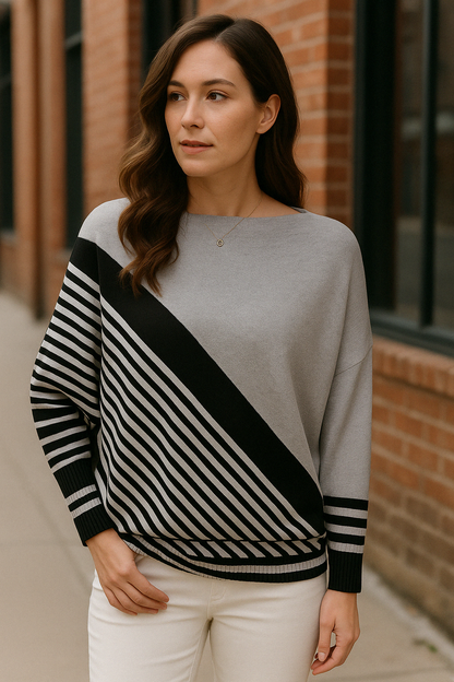 Dames Comfortabele Gebreide Pullover met Diagonaal Streeppatroon en Ronde Hals Losvallend Model voor Elke Dag
