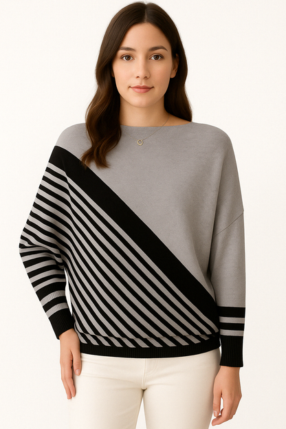 Dames Comfortabele Gebreide Pullover met Diagonaal Streeppatroon en Ronde Hals Losvallend Model voor Elke Dag
