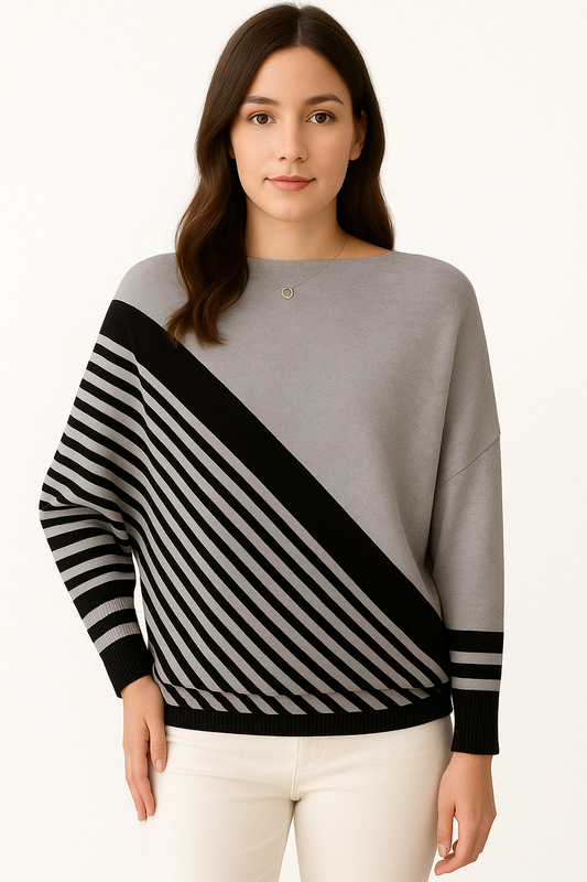 Dames Comfortabele Gebreide Pullover met Diagonaal Streeppatroon en Ronde Hals Losvallend Model voor Elke Dag