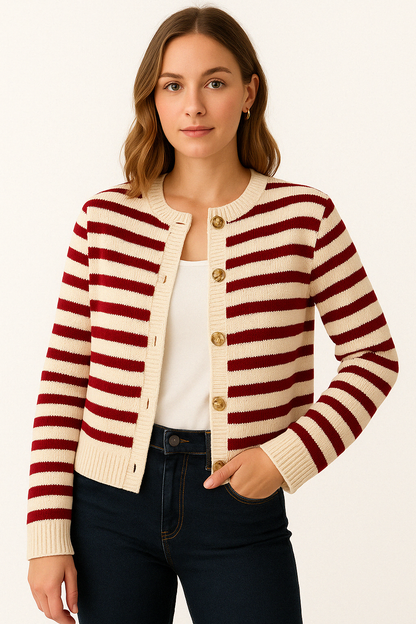 Dames Gestreept Gebreid Vest met Ronde Hals en Goudkleurige Knopen Klassiek Model met Moderne Twist